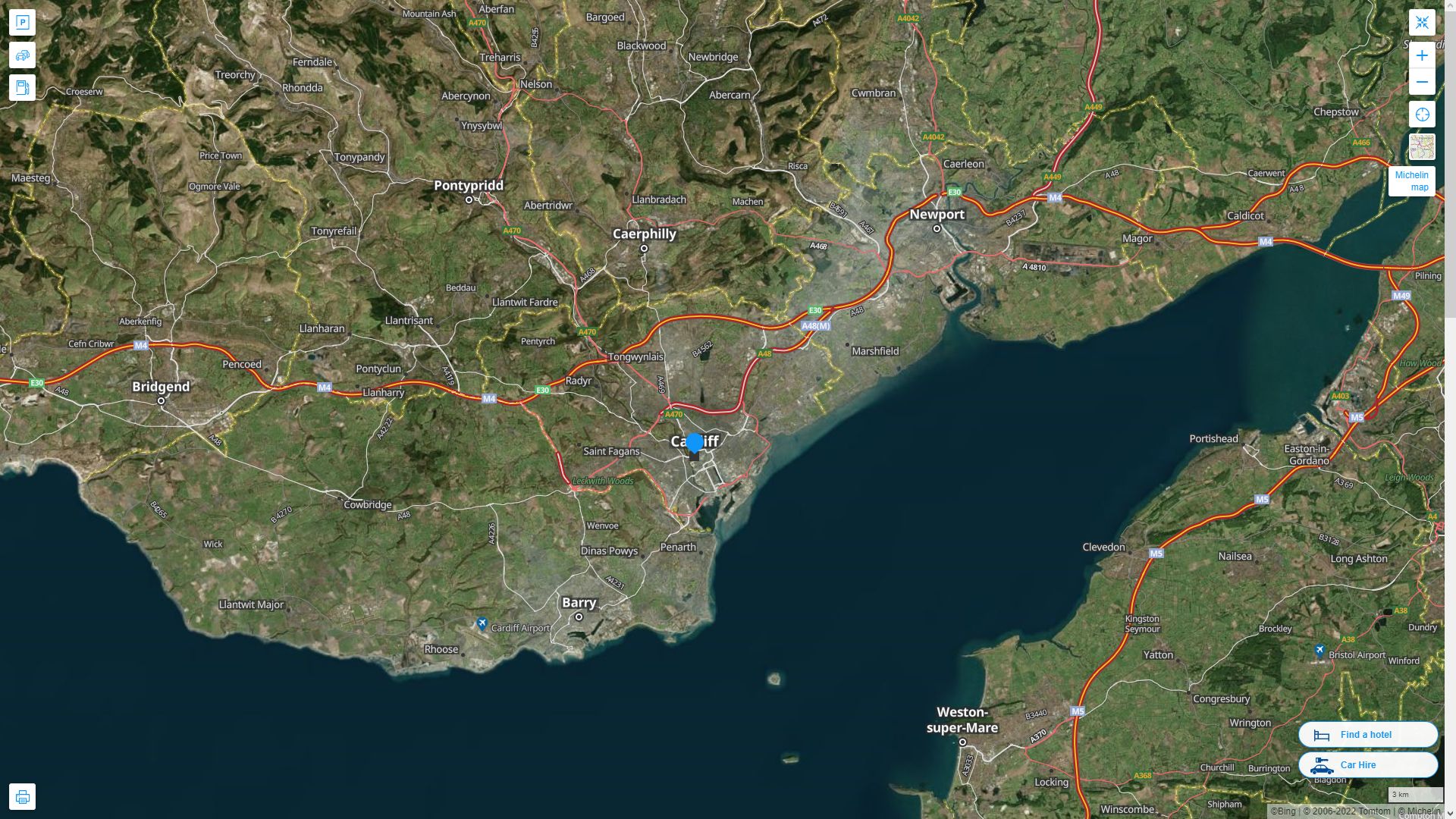 Cardiff Highway and Road Map with Satellite View